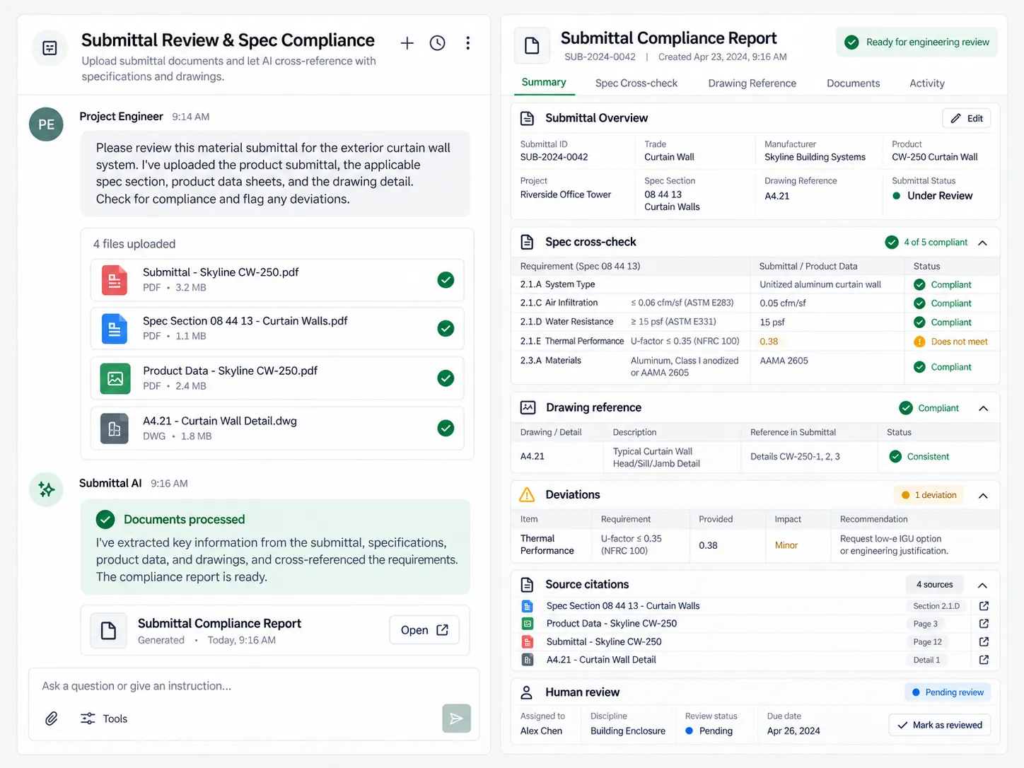 Submittal Review & Spec Compliance product workspace