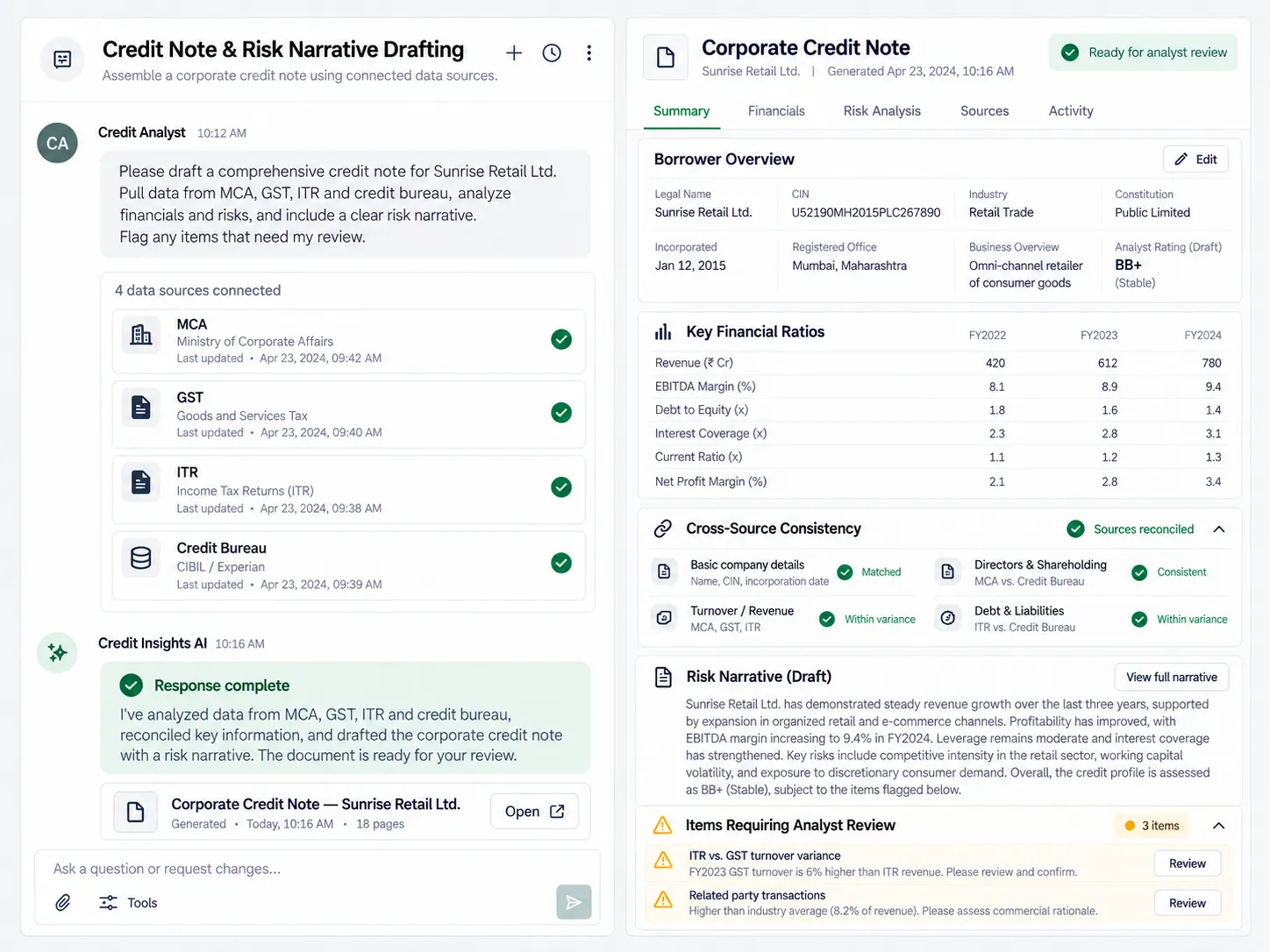 Credit Note & Risk Narrative Drafting product workspace