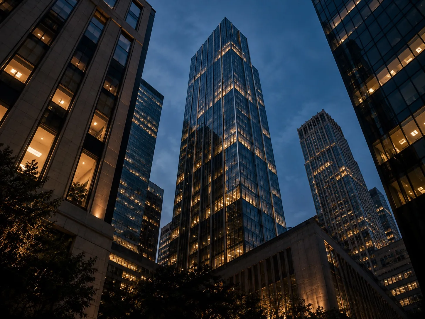 Modern financial district buildings illuminated at blue hour