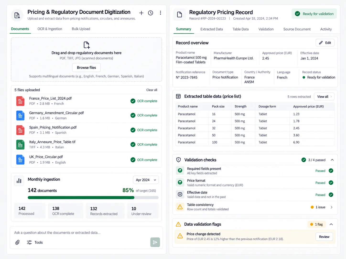 Pricing & Regulatory Document Digitization product workspace