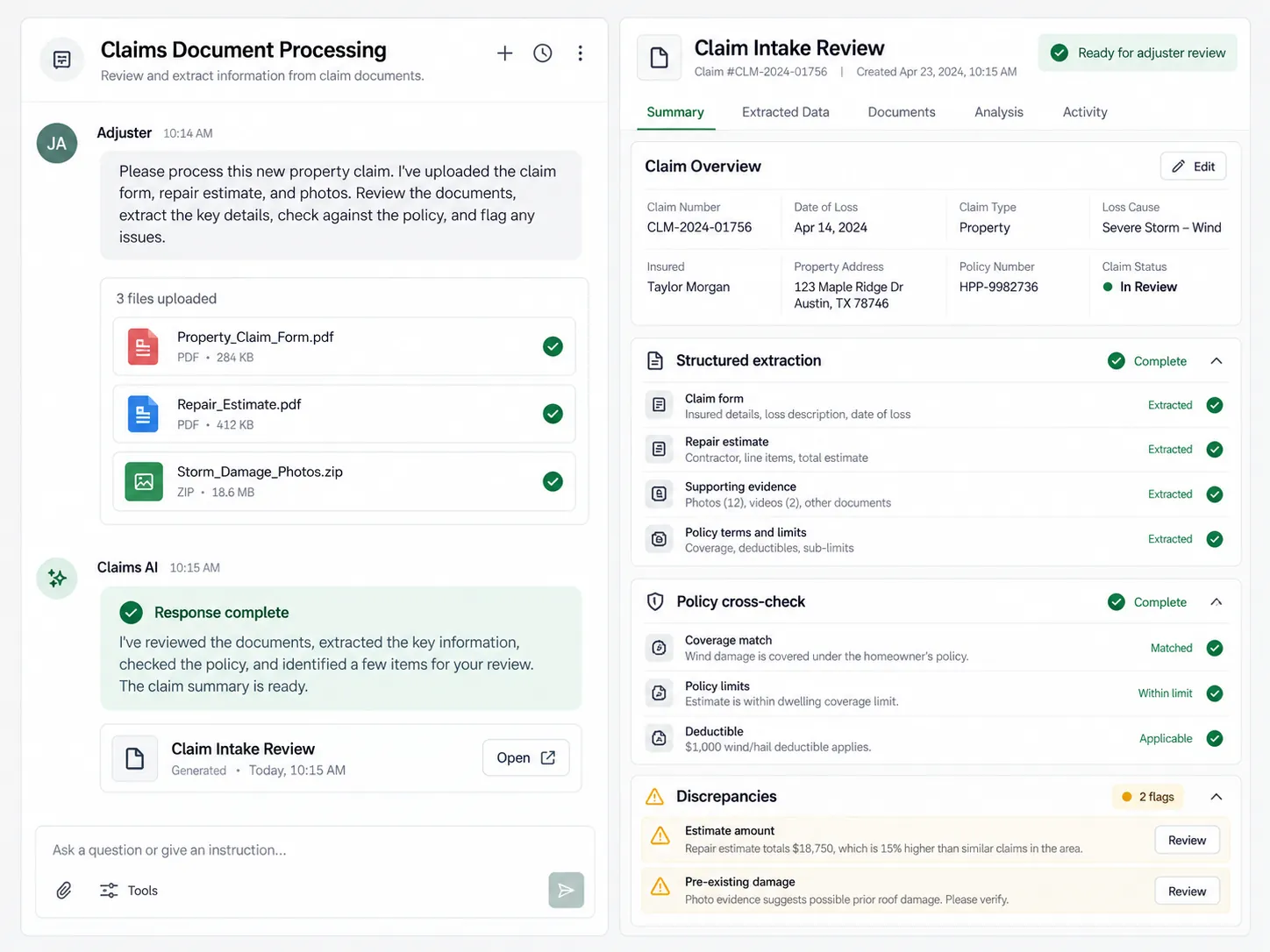 Claims Document Processing product workspace