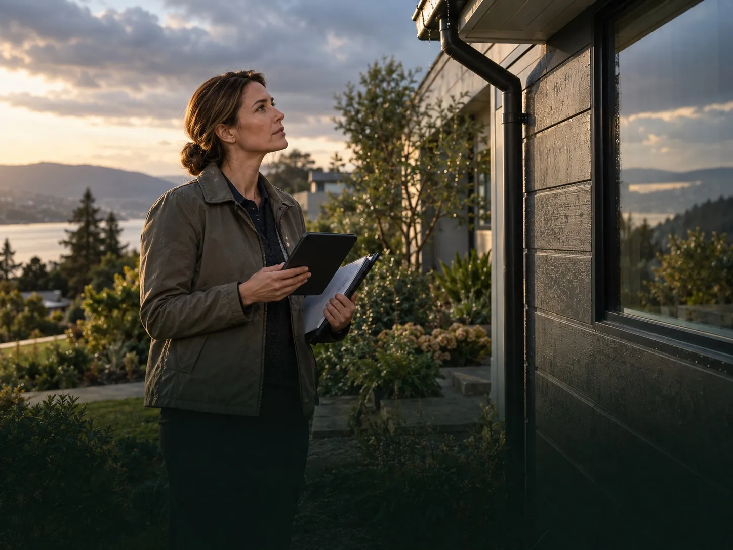 Claims professional inspecting a residential property with a tablet
