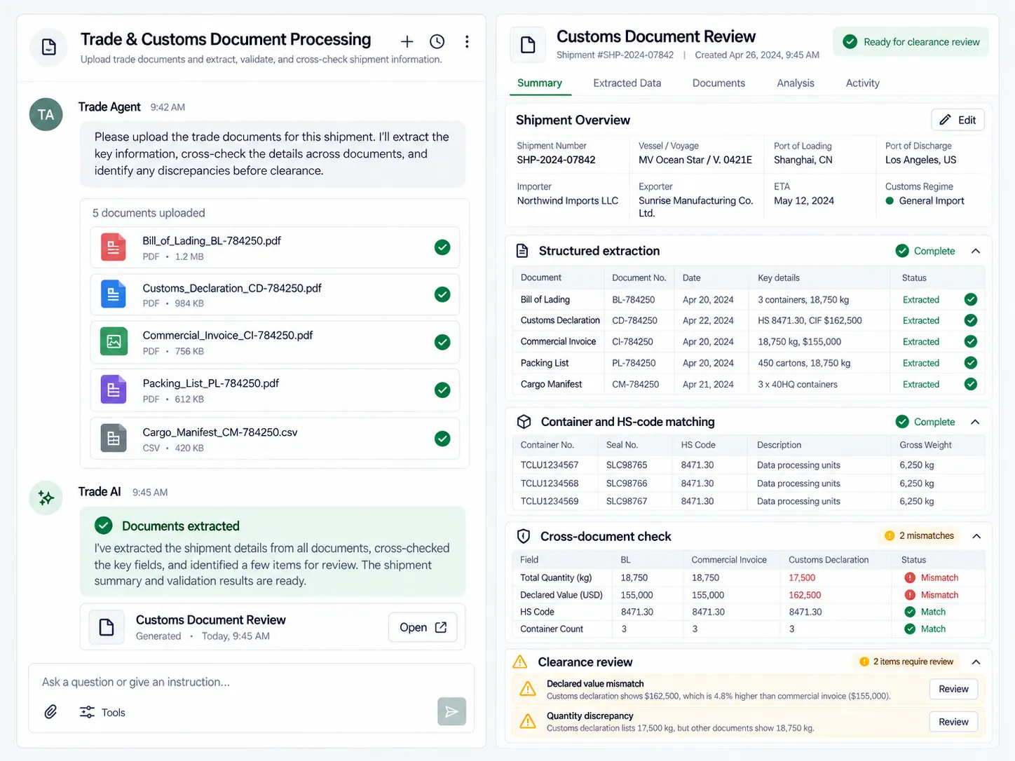 Trade & Customs Document Processing product workspace