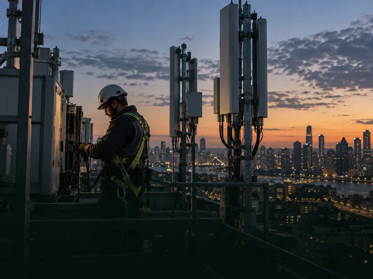 Telecom field technician servicing rooftop network equipment at dusk