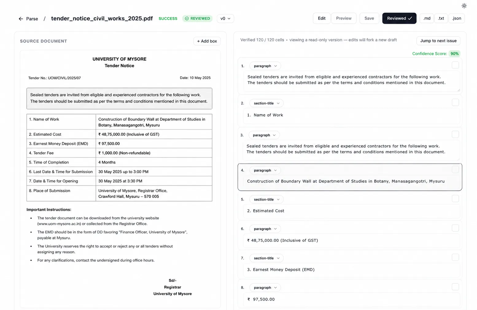 Saransh document studio showing a source tender beside verified structured extraction